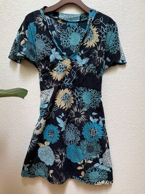 Y2K Floral Wrap Mini Dress Blue Black Cotton Tie Waist Boho Vintage